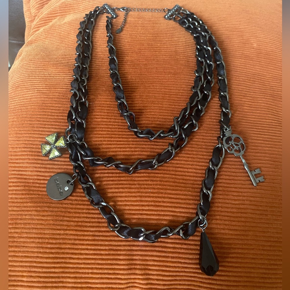 Gorgeous BEBE Logo Gun Black Chain with Key Charms Necklace